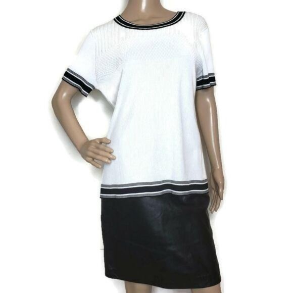 Karl Lagerfeld Paris NWT White & Black Knit Short-Sleeve Top Ribbed Trim Detail - Picture 5 of 12
